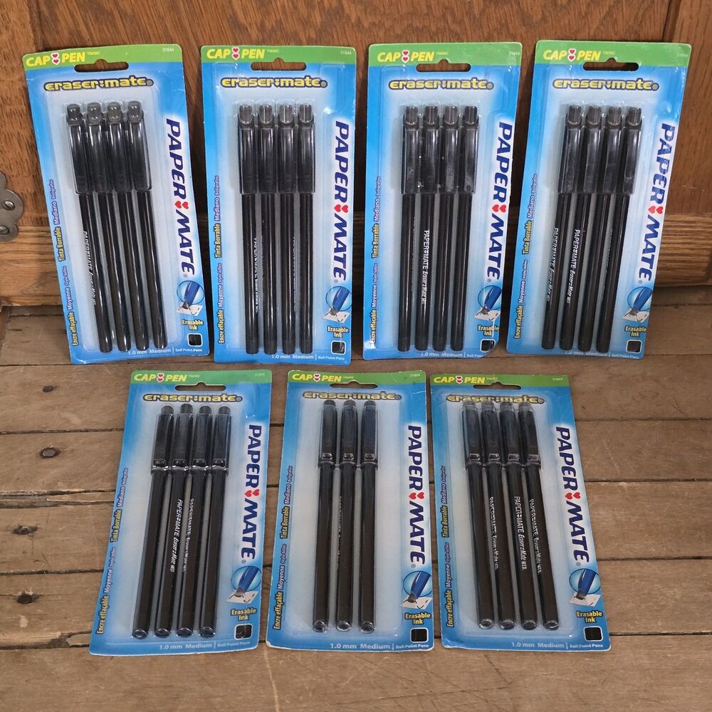 7PK Paper Mate Erasermate Eraser Mate Medium Ballpoint Pens Black Ink 1.0 2006